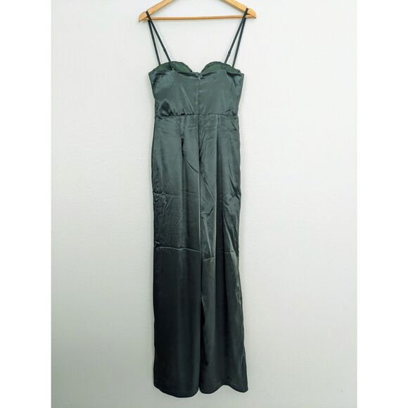 NWT Lulus Flirty Agenda Jumpsuit Medium Dark Green Satin Bustier Wide Leg Womens - Picture 4 of 12